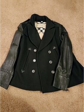 Burberry Black Wool Pea Coat with Leather Sleeves